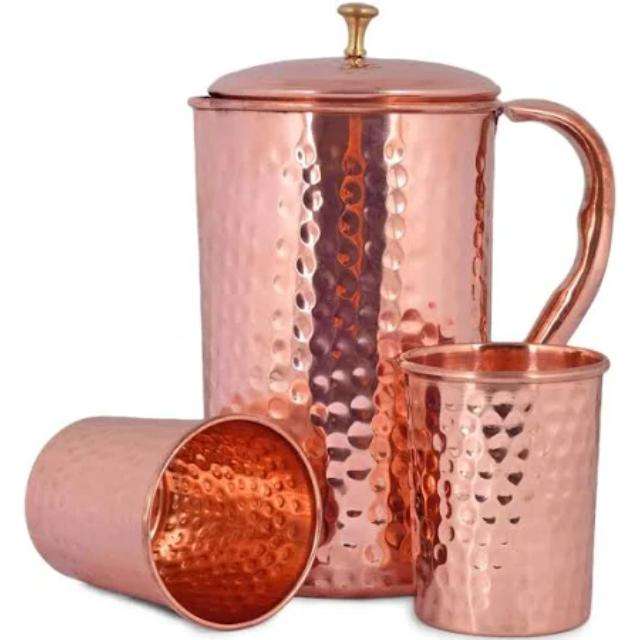 High Grade Polished Copper Jug with Elegant Hammered Design Durable Body and Comfortable Handle for Storing Daily Drinking Water